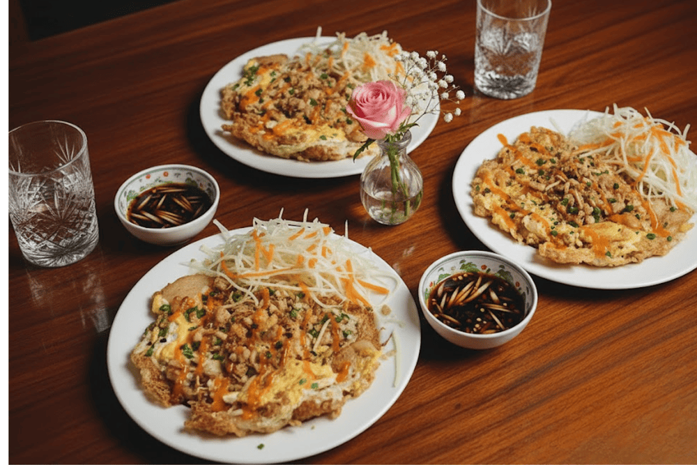 Những miếng bột chiên cùng với trứng, ăn kèm đồ chua và nước chấm đậm đà